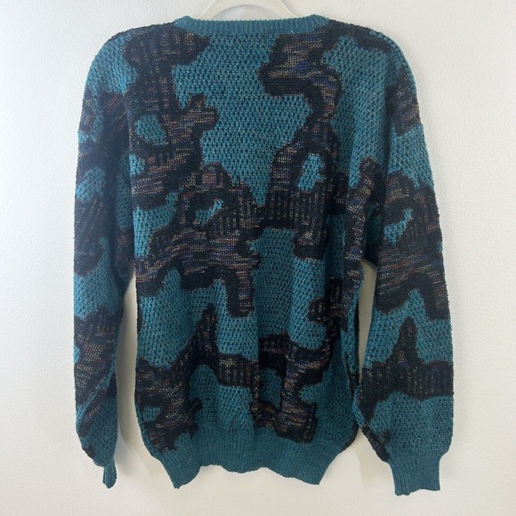Vintage Bugatchi Sweater Mens M Crew Neck Pullover 90s‎ 80s All Over Print Teal - Picture 2 of 12